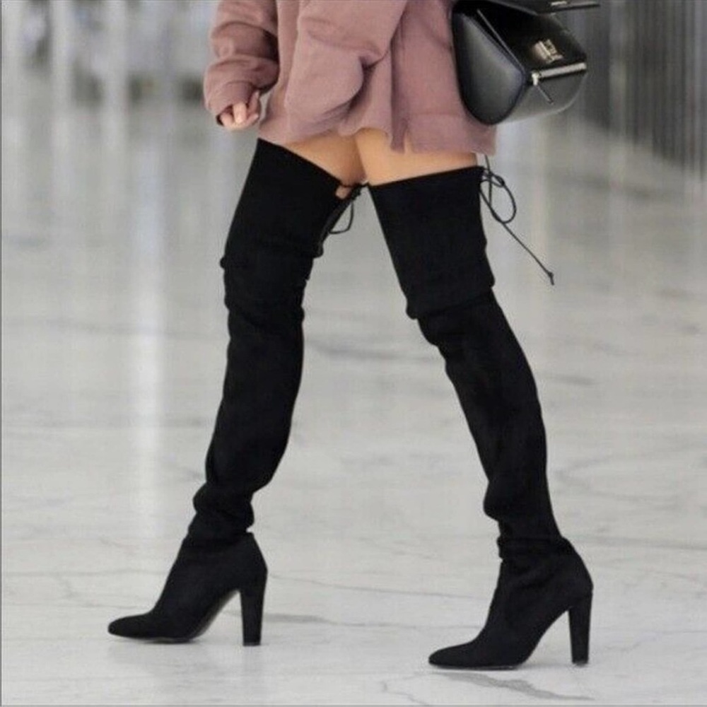 Sam Edelman Kent Faux Suede Thigh High Black Heeled Boots 7